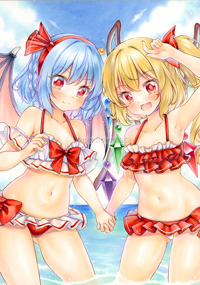 2girls, arm_up, bat_wings, bikini, blonde_hair, blue_hair, blue_sky, blush