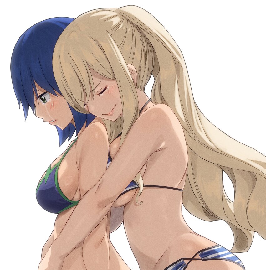 2girls, bikini, blonde_hair, blue_hair, breasts, closed_eyes, eden's_zero, gaston18