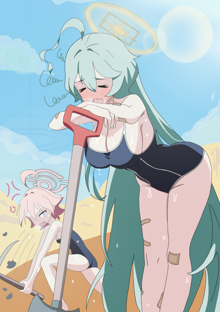 >_<, 2girls, absurdres, abydos_high_school_swimsuit, ahoge, anger_vein, annoyed, aqua_hair