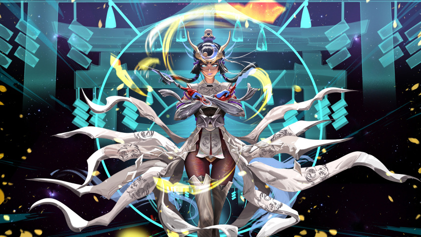 1girl, alternate_costume, amaterasu_kiriko, black_hair, boots, crescent, crescent_hair_ornament, elbow_gloves