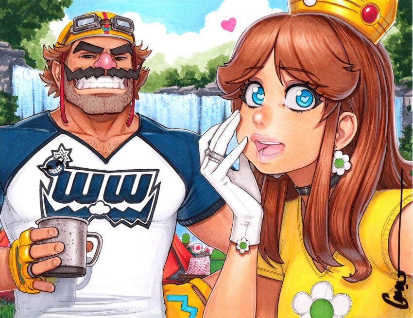 1girl, 4boys, black_choker, blue_eyes, blue_sky, brown_hair, choker, cleft_chin, crown, cup, earrings, facial_hair, fingerless_gloves, flower_earrings, gloves, goggles, goggles_on_headwear, green_hat, grin, hat, heart, heart_in_eye, helmet, holding, holding_cup, jewelry, long_hair, looking_at_viewer, luigi, mario_(series), motorcycle_helmet, mug, multiple_boys, muscular, muscular_male, mustache, nintendo, omar_dogan, open_mouth, princess_daisy, red_toad_(mario), ring, shirt, signature, sky, smile, symbol_in_eye, thick_eyebrows, toad_(mario), traditional_media, two-tone_shirt, wario, warioware, water, waterfall, white_gloves, yellow_gloves, yellow_shirt