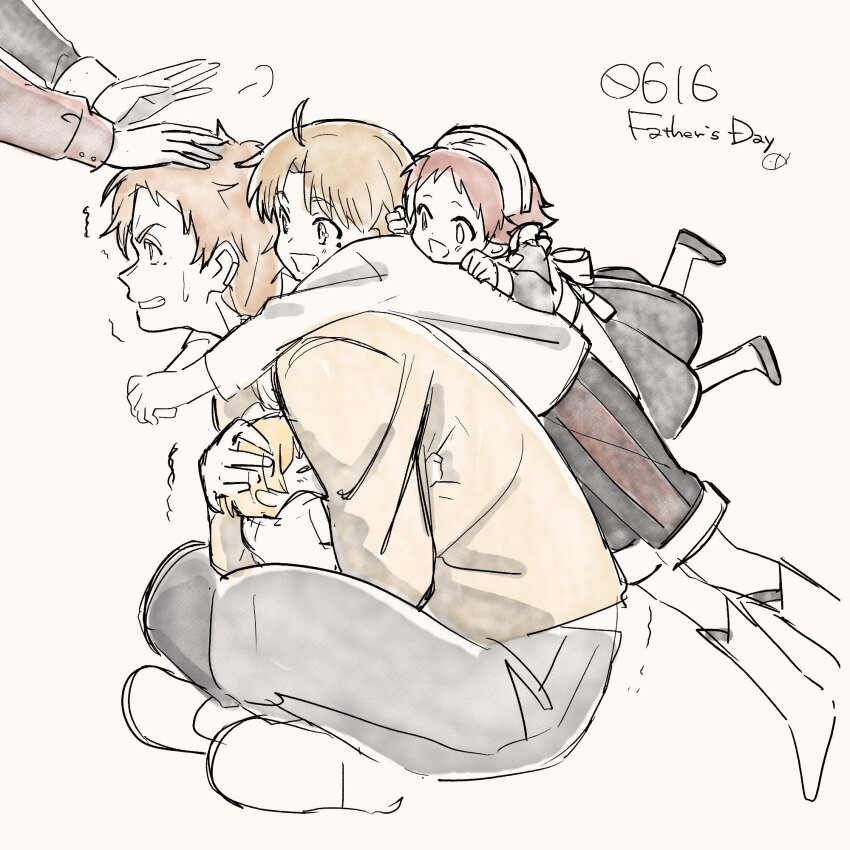 2boys, 4girls, ahoge, aisha_greyrat, baby, black_dress, black_footwear, blonde_hair