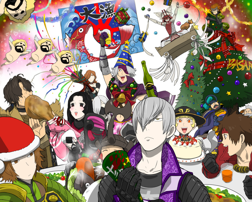 2girls, 6+boys, akechi_mitsuhide_(sengoku_basara), bandages, brown_hair, cake, chosokabe_motochika_(sengoku_basara), christmas