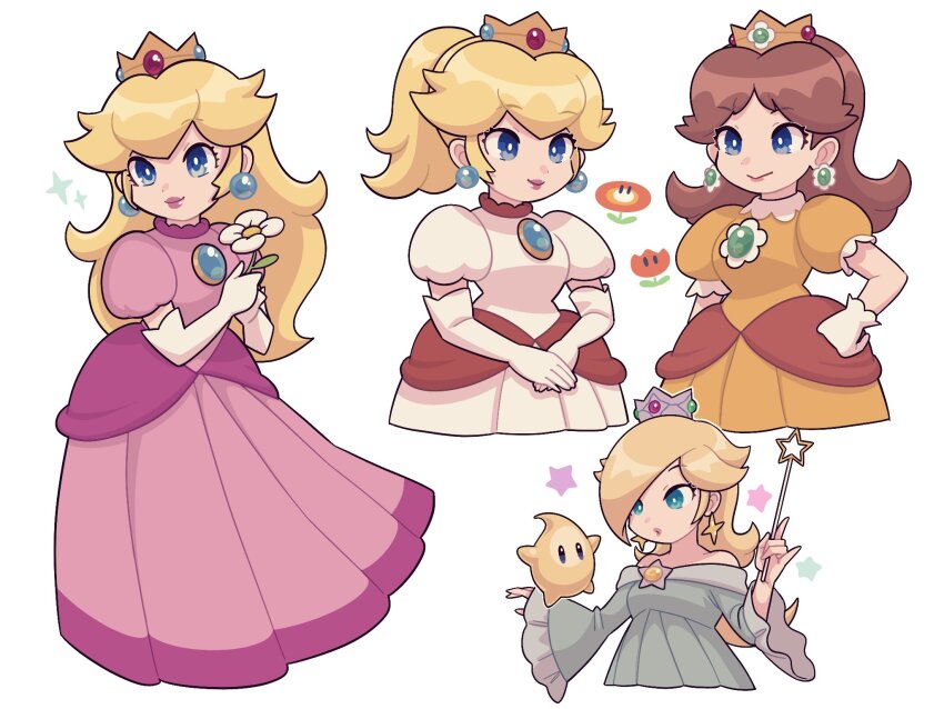 3girls, an-chan_(ananna0315), blonde_hair, blue_dress, blue_eyes, brooch, brown_hair, crown