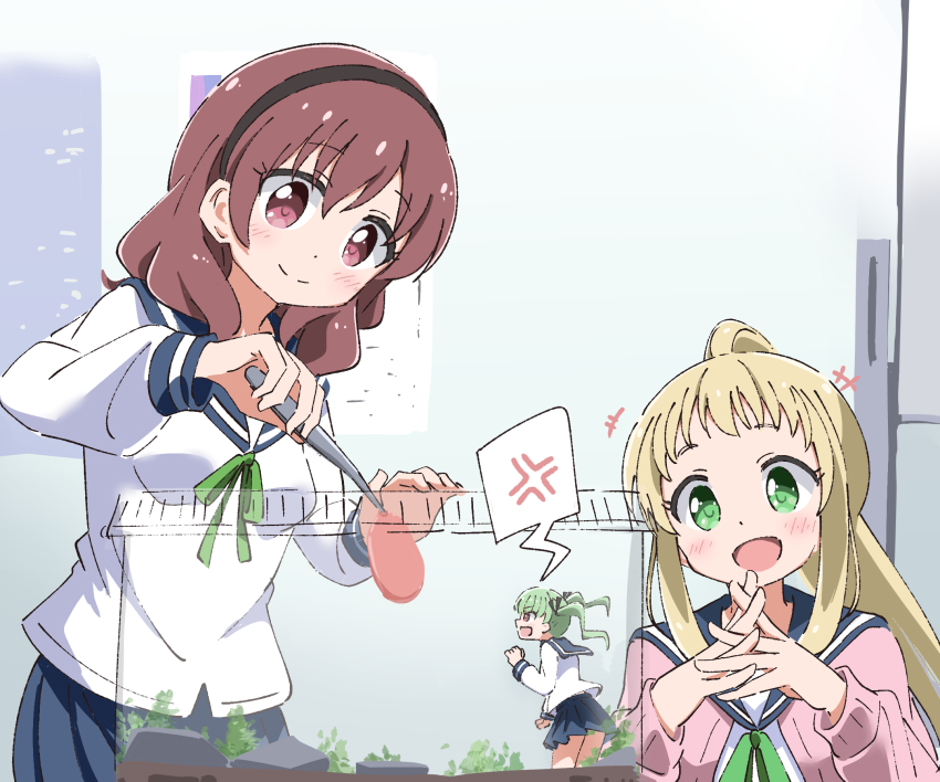 3girls, anger_vein, blonde_hair, blue_skirt, commission, cynical_(llcbluckg_c004), forceps, green_eyes