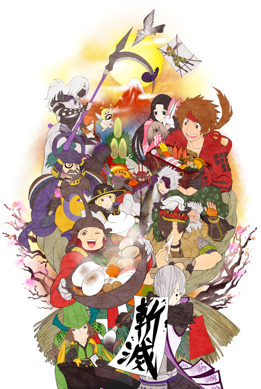 2girls, 6+boys, absurdres, akechi_mitsuhid, bandages, brown_hair, chosokabe_motochika_(sengoku_basara), eyepatch