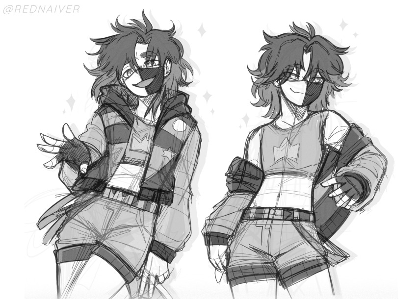 1other, androgynous, artist_name, crop_top, crown_(symbol), greyscale, hand_on_own_hip, highres