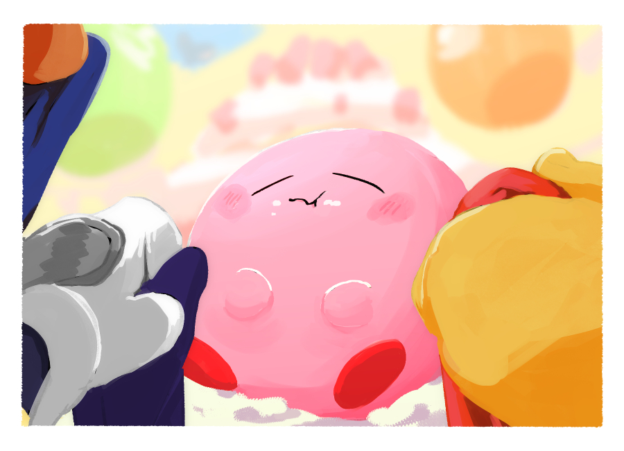 bandana_waddle_dee, bel_(doting123), blurry, blurry_background, blush_stickers, cake, closed_eyes, colored_skin, food, food_on_face, fruit, gloves, king_dedede, kirby, kirby's_dream_buffet, kirby_(series), meta_knight, nintendo, pink_skin, solo_focus, strawberry, white_gloves, yellow_gloves