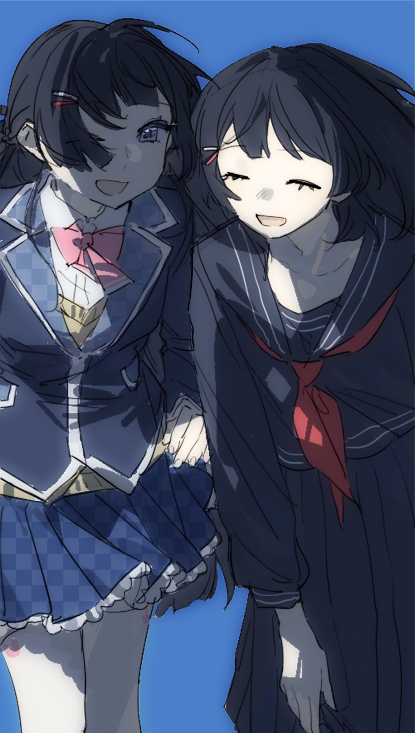 2girls, absurdres, black_hair, black_jacket, black_sailor_collar, black_serafuku, black_shirt, black_skirt, blazer, blue_background, blue_skirt, checkered_clothes, checkered_skirt, dual_persona, facing_viewer, feet_out_of_frame, floating_hair, hair_ornament, hair_over_one_eye, hairclip, hand_on_own_thigh, highres, jacket, leaning_forward, long_hair, long_sleeves, looking_at_viewer, multiple_girls, neckerchief, nijisanji, one_eye_closed, open_mouth, pleated_skirt, popoyu, purple_eyes, red_neckerchief, sailor_collar, school_uniform, serafuku, shirt, simple_background, skirt, smile, standing, thighhighs, tsukino_mito, tsukino_mito_(1st_costume), tsukino_mito_(chihaki-shoujo), unmoving_pattern, virtual_youtuber, white_thighhighs