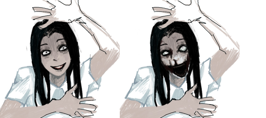 1girl, black_hair, dreadout, greyscale, highres, indonesian_high_school_uniform, looking_at_viewer, monochrome