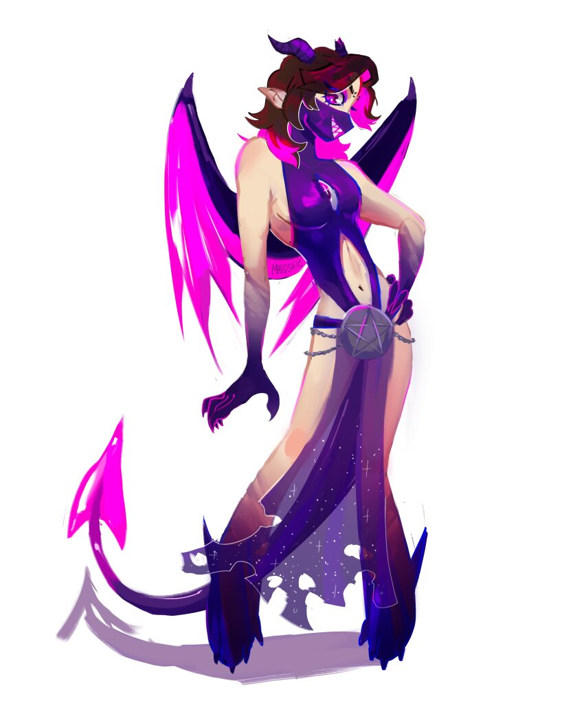 1girl, absurdres, androgynous, breasts, brown_hair, claws, clothing_cutout, demon
