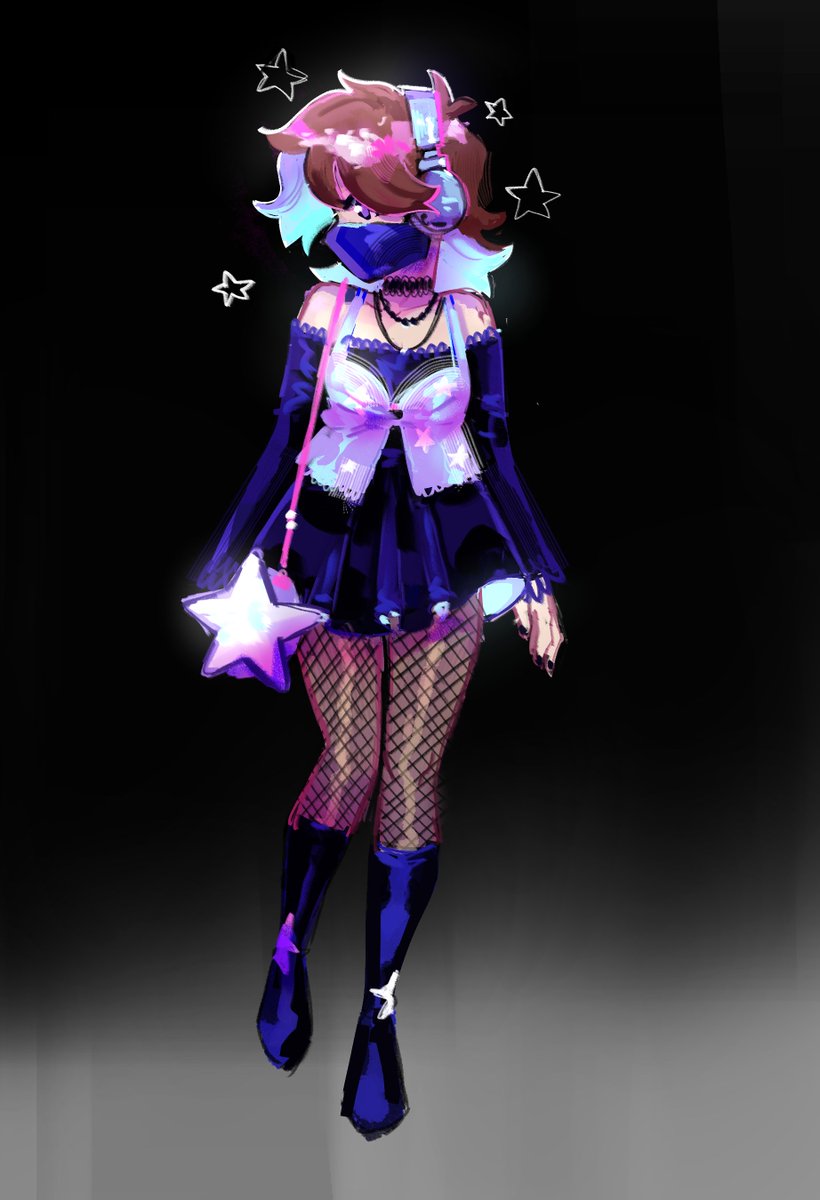 1other, alternate_costume, androgynous, bag, black_boots, black_dress, boots, brown_hair, dress, fashion, handbag, headphones, highres, indie_virtual_youtuber, maddsaic, mask, medium_hair, mouth_mask, other_focus, purple_eyes, ranboo, ranboo_(r800), star_(symbol), virtual_youtuber