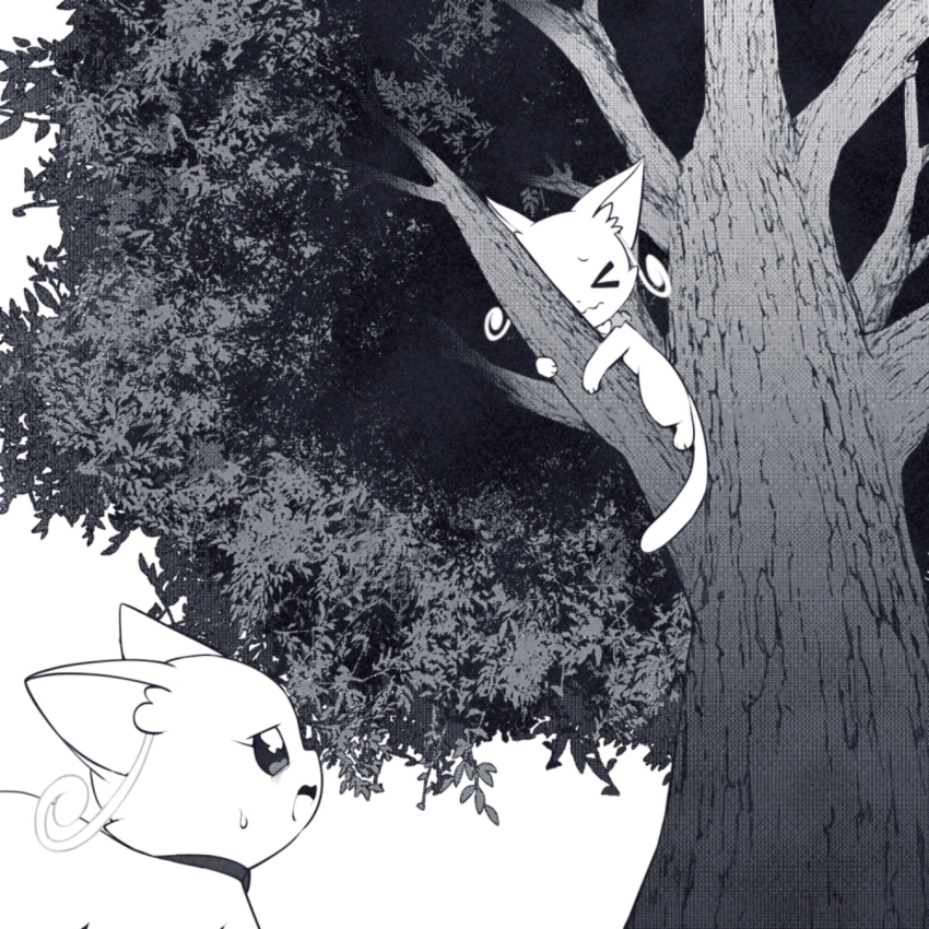 >_<, 2girls, @est@, animalization, branch, cat, collar, commentary_request