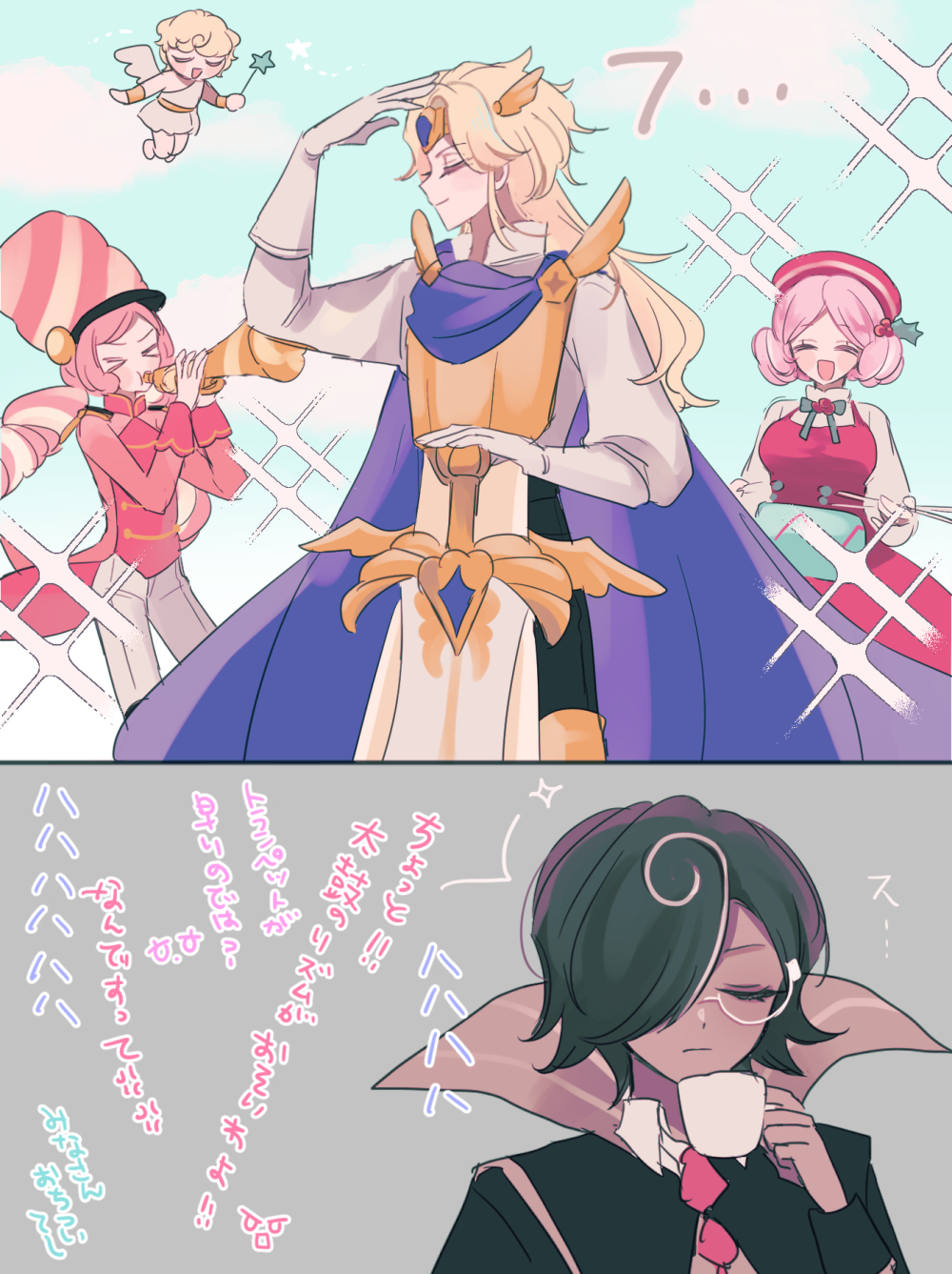 1other, 2boys, 2girls, angel_cookie, bow, brown_hair, cookie_run, cookie_run:_kingdom