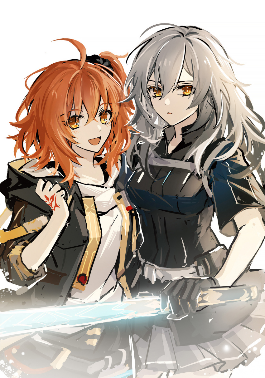 2girls, absurdres, ahoge, akiko54124, arm_up, black_shirt, collared_shirt, crossover, fate/grand_order, fate_(series), fujimaru_ritsuka_(female), glowing, glowing_sword, glowing_weapon, grey_hair, grey_skirt, hair_between_eyes, hand_up, highres, holding, holding_sword, holding_weapon, honkai:_star_rail, honkai_(series), hood, hoodie, jacket, long_hair, looking_at_viewer, multiple_girls, open_clothes, open_jacket, open_mouth, orange_eyes, orange_hair, shirt, short_hair, short_sleeves, side_ponytail, simple_background, skirt, sleeves_rolled_up, standing, stelle_(honkai:_star_rail), sword, trailblazer_(honkai:_star_rail), weapon, white_background, white_hoodie, yellow_eyes