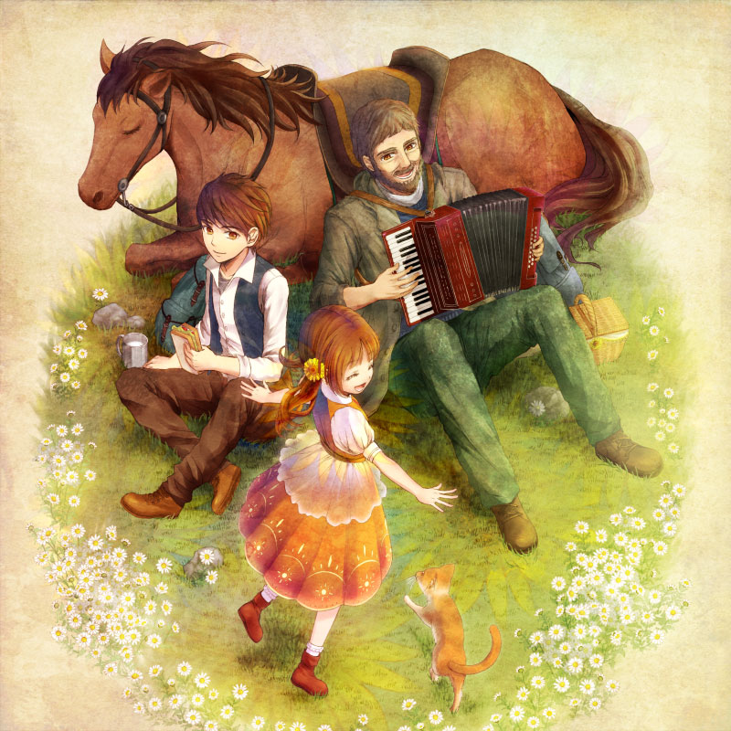 1girl, 2boys, accordion, bad_id, bad_pixiv_id, beard, brown_eyes, brown_hair
