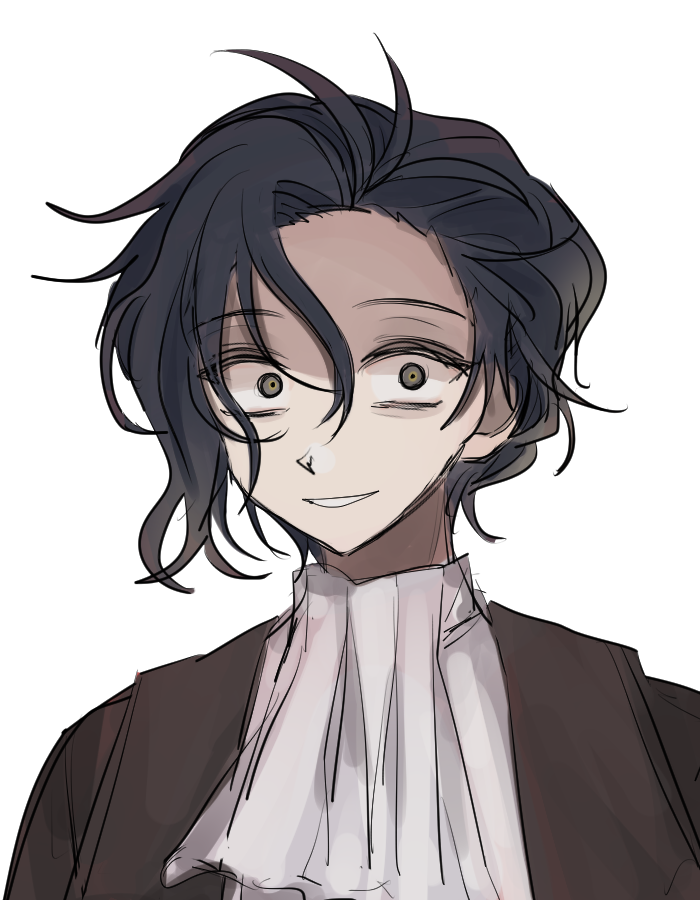 1b_(dlqotlswk), 1boy, ascot, asymmetrical_hair, black_hair, brown_jacket, constricted_pupils, crazy_eyes