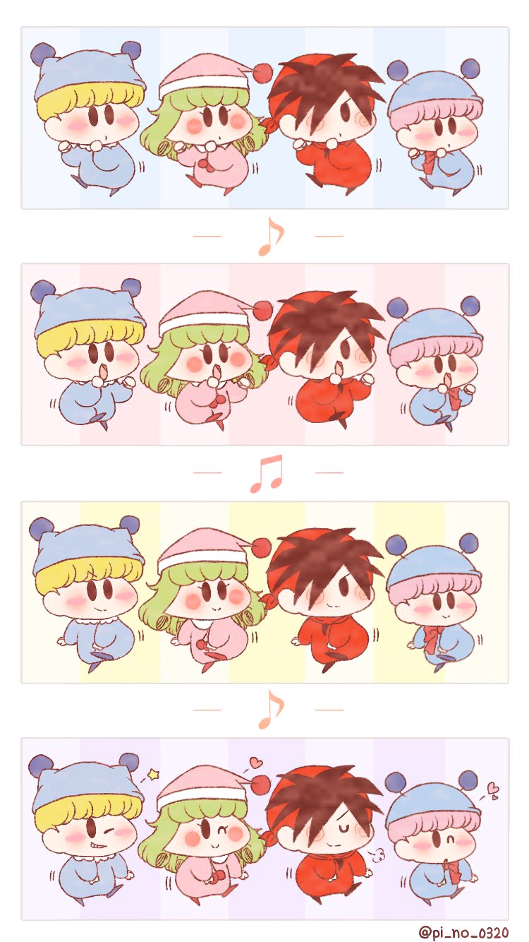 1girl, 3boys, ;), bandana, black_hair, blonde_hair, blue_pajamas, blush_stickers