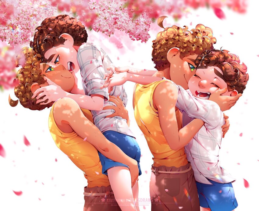 2boys, alberto_scorfano, beksdraws, blue_shorts, clinging_to_each_other, commentary, couple, dark-skinned_male, dark_skin, english_commentary, face-to-face, green_eyes, hands_on_another's_cheeks, hands_on_another's_face, holding, looking_at_another, luca_(pixar), luca_paguro, male_focus, multiple_boys, open_mouth, outdoors, pixar, short_hair, short_sleeves, shorts, shota, simple_background, smile, white_background, yaoi