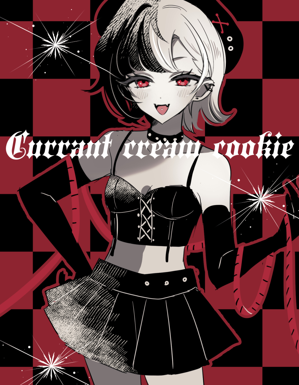 1girl, black_skirt, character_name, checkered_background, choker, cookie_run, crop_top, currant_cream_cookie