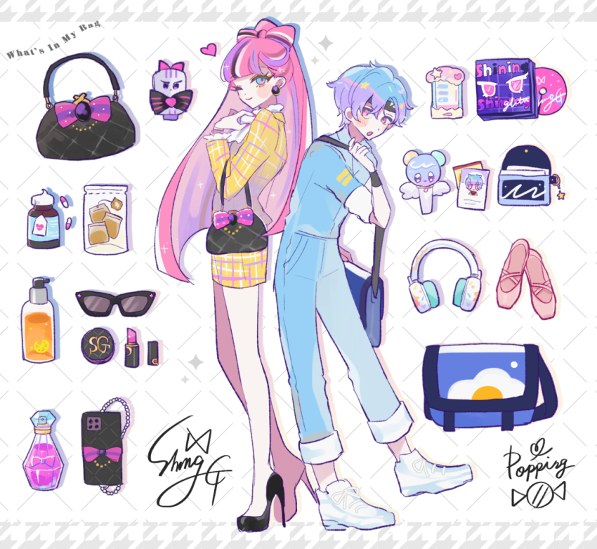 1boy, 1girl, alternate_costume, bag, ballet_slippers, blue_eyes, blue_hair, bow