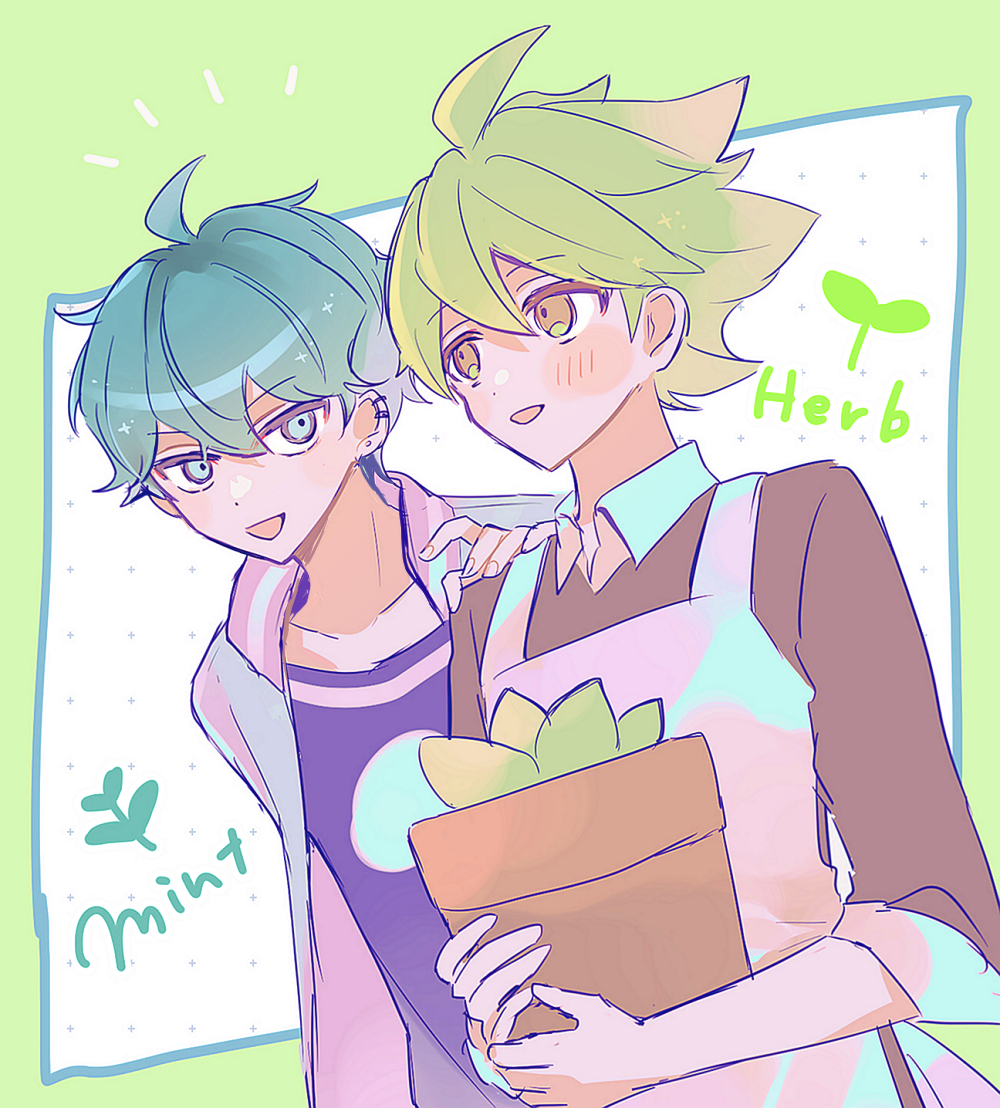 2boys, apron, aqua_hair, blue_hair, cookie_run, cookie_run:_ovenbreak, green_hair, hamchan69, herb_cookie, holding, humanization, looking_at_viewer, male_focus, multiple_boys, personification, plant, plant_hair, potted_plant, purple_shirt, shirt, short_hair, smile, spearmint_cookie