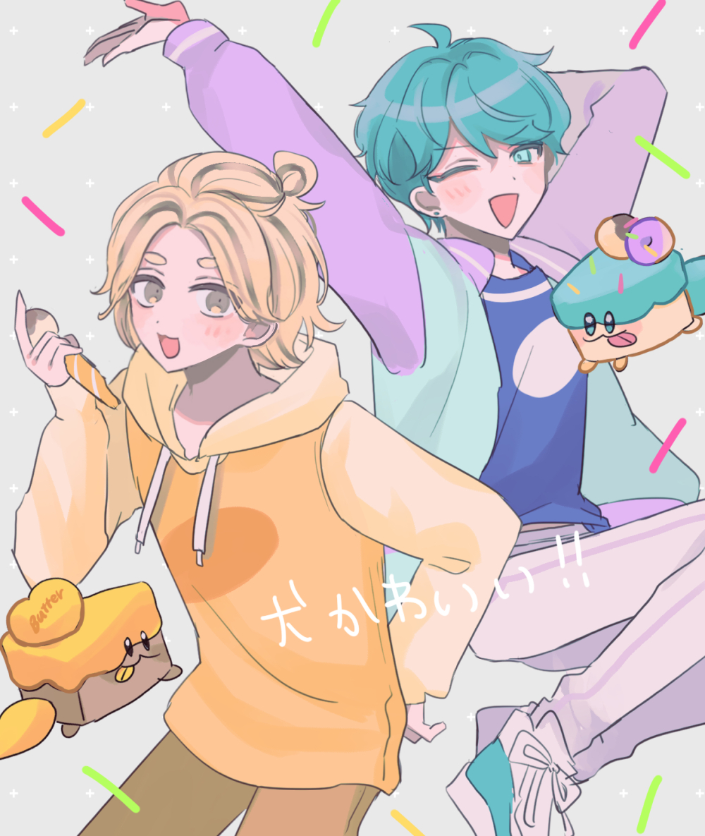 2boys, aqua_hair, blue_eyes, blue_hair, butter_cake_hound, cake_hound, choco_banana_cookie, cookie_run