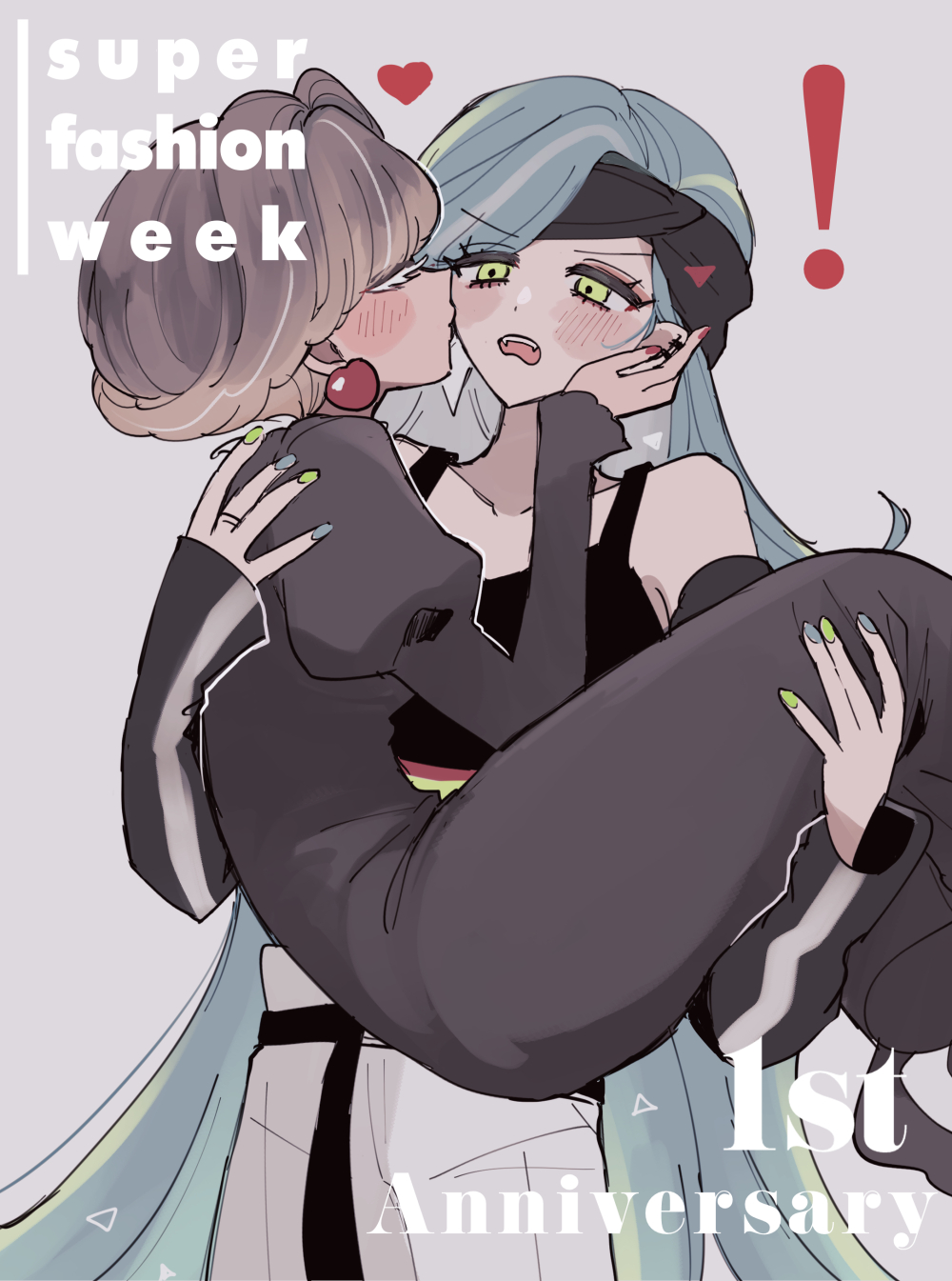 2girls, aqua_hair, blush, brown_hair, center_frills, chocolate_bonbon_cookie, cookie_run, cookie_run:_ovenbreak