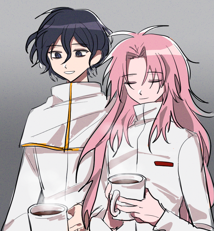 1b_(dlqotlswk), 2boys, antenna_hair, black_eyes, black_hair, capelet, closed_eyes, closed_mouth