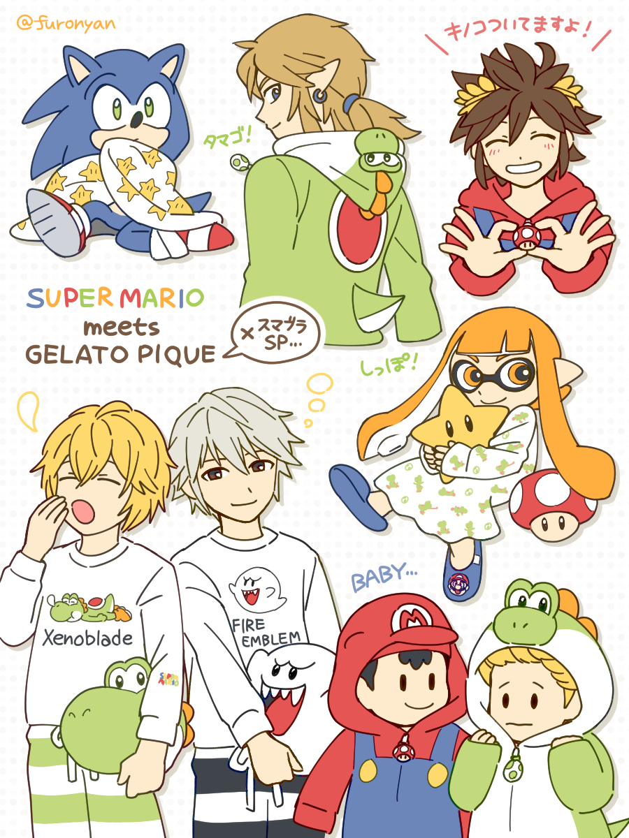 1girl, blonde_hair, blush, boo_(mario), brown_hair, dress, furono_(fuloru), furry, gelato_pique, ghost, highres, inkling_girl, inkling_player_character, kid_icarus, link, lucas_(mother_3), male_robin_(fire_emblem), mario, mario_(series), mother_(series), mother_2, mother_3, mushroom, ness_(mother_2), nintendo, pajamas, pit_(kid_icarus), shulk_(xenoblade), sonic_(series), sonic_the_hedgehog, star_(sky), super_mushroom, super_smash_bros., the_legend_of_zelda, the_legend_of_zelda:_breath_of_the_wild, xenoblade_chronicles_(series), xenoblade_chronicles_1, yoshi