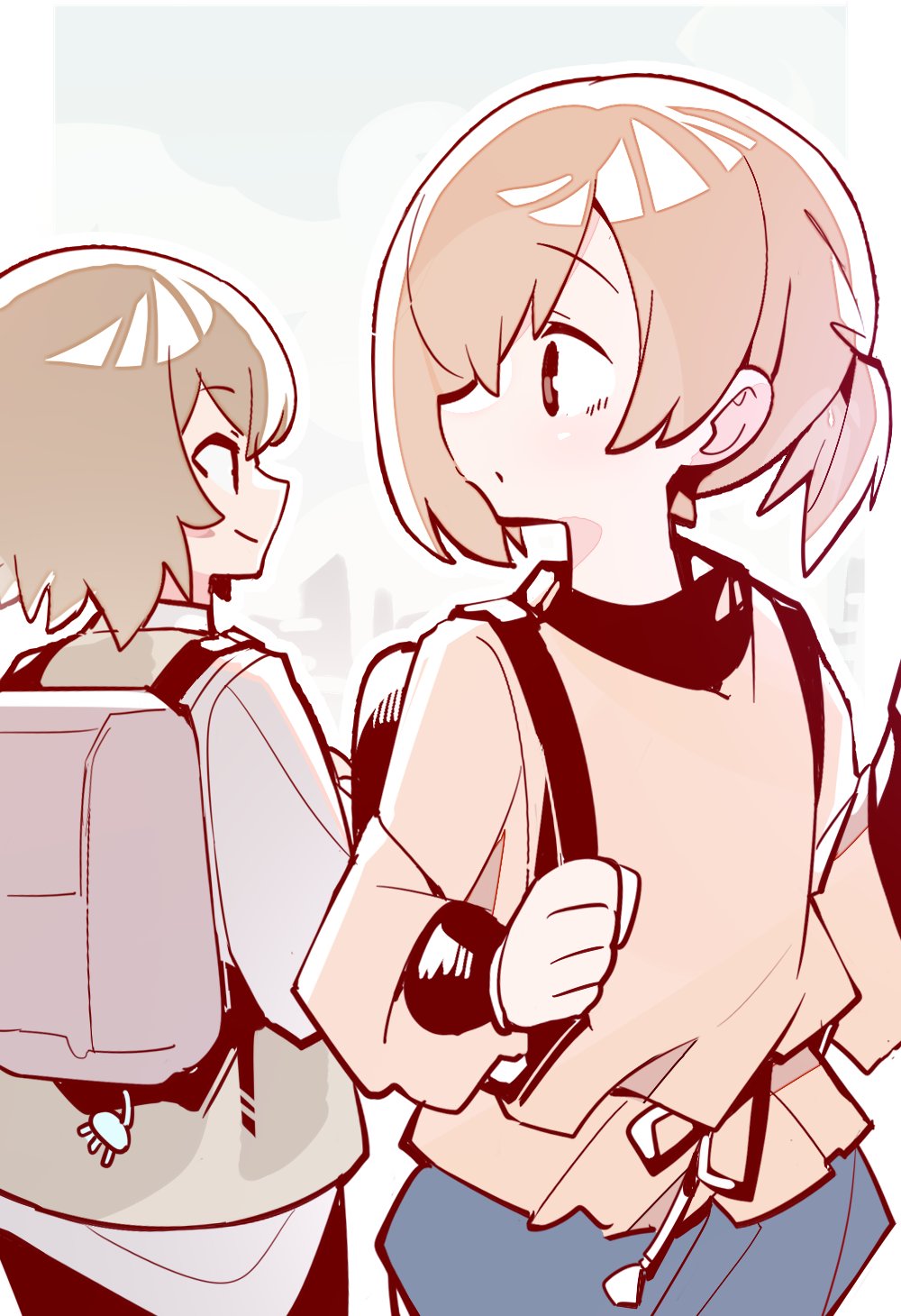 2girls, backpack, bag, bag_charm, brown_eyes, brown_hair, charm_(object), commentary_request, cowboy_shot, highres, kouzuki_kaho, kouzuki_mahiru, looking_at_another, multiple_girls, open_mouth, short_hair, siblings, sisters, yoru_no_kurage_wa_oyogenai, zhanzhangzlw