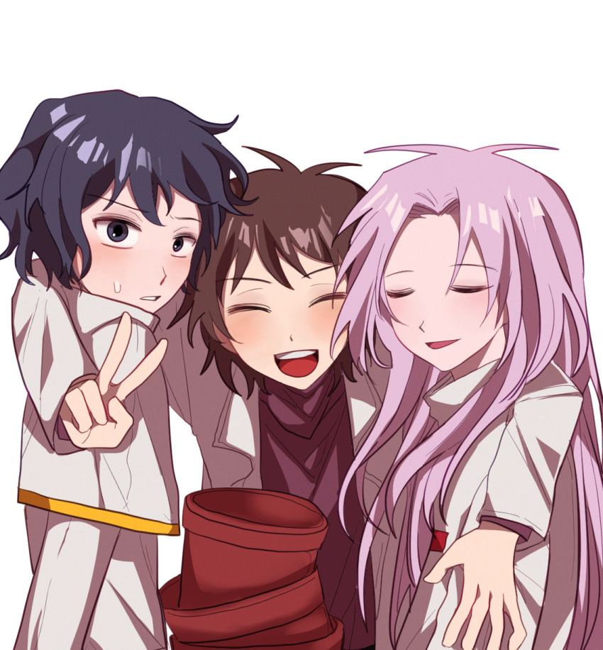 1b_(dlqotlswk), 3boys, arm_around_shoulder, blue_eyes, blue_hair, brown_hair, capelet, closed_eyes