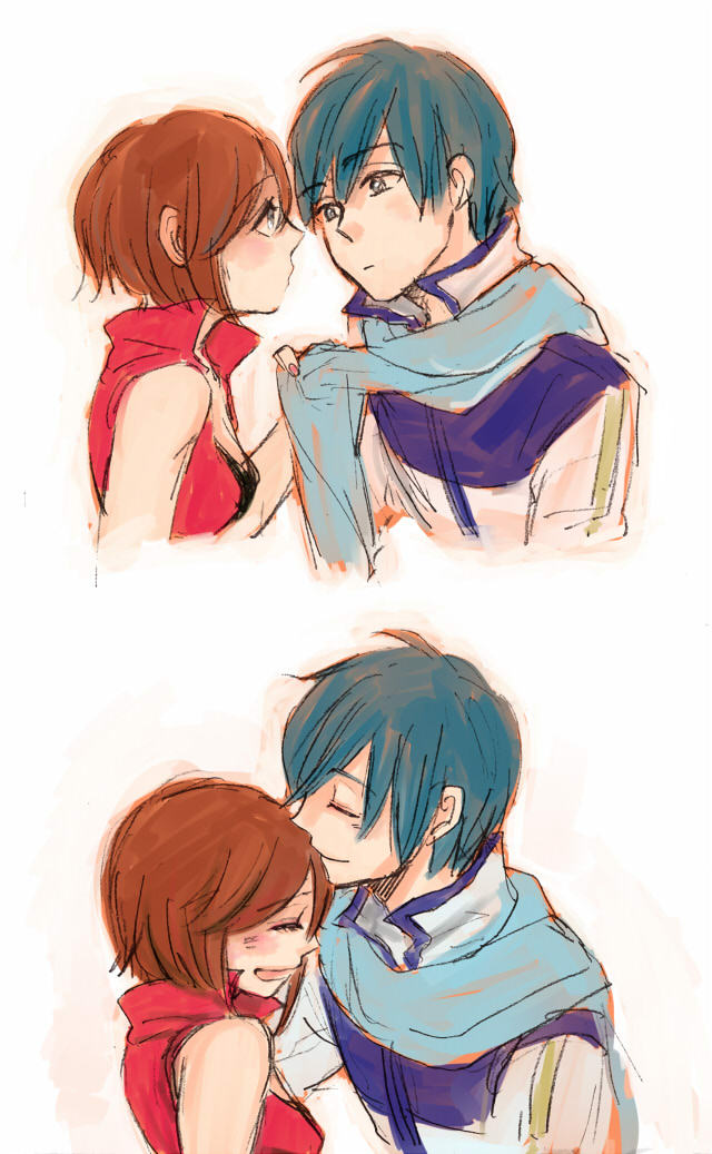 1boy, 1girl, couple, happy, hetero, higure_machiko, jpeg_artifacts, kaito_(vocaloid)