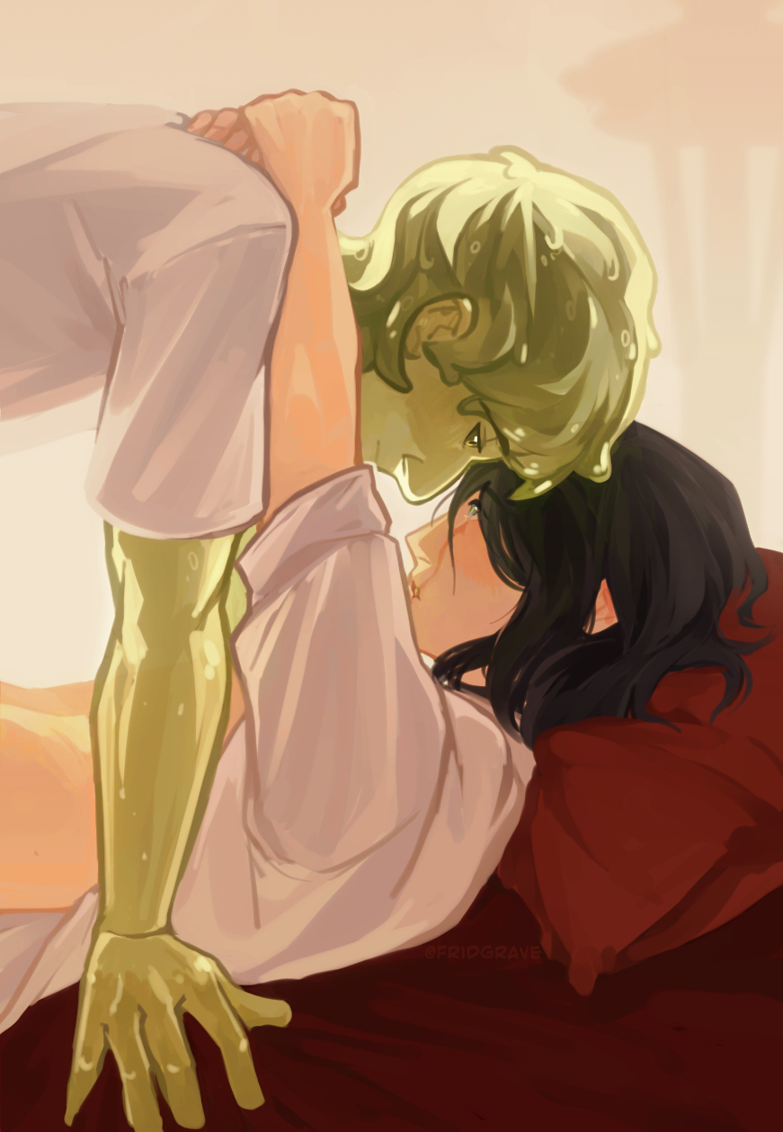 2boys, bed_sheet, black_hair, colored_skin, dream_smp, facial_scar, fridgrave, gold_teeth