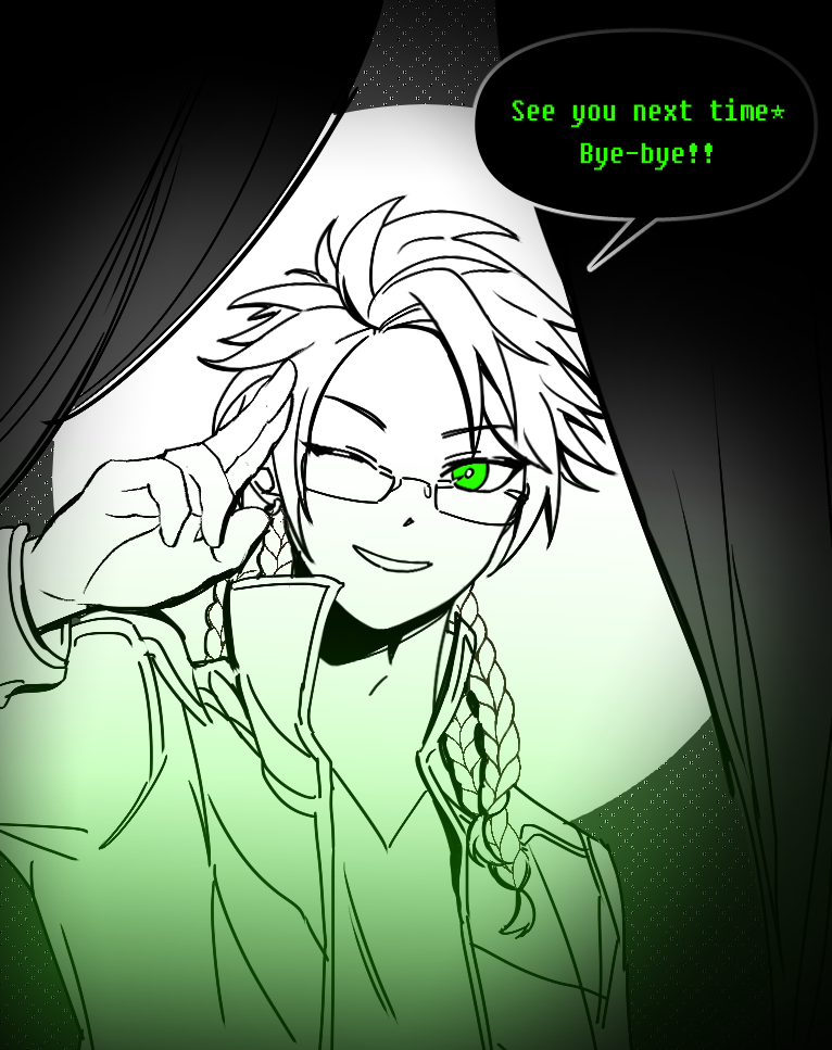 1boy, b1ue_e4rth, bright_pupils, commentary_request, curtains, english_text, glasses, green_eyes