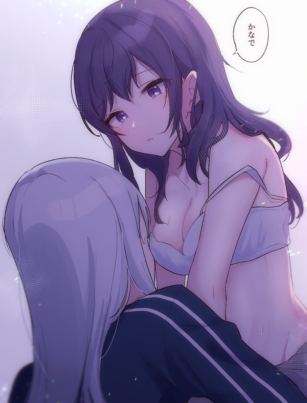 2girls, asahina_mafuyu, bare_shoulders, bra, bra_strap, commentary_request, grey_hair, highres