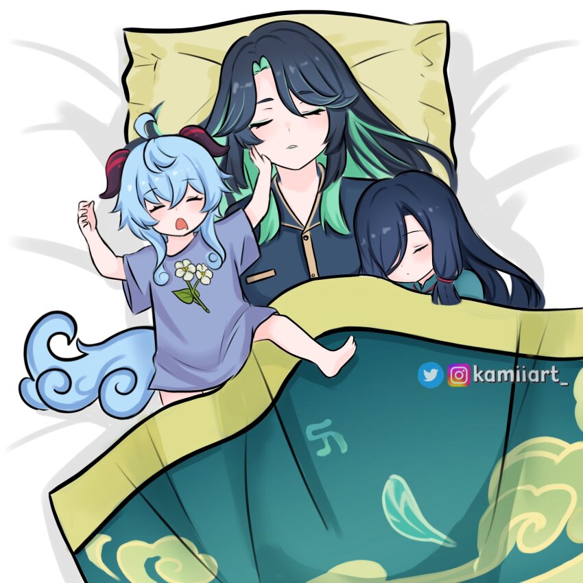 3girls, aged_down, artist_name, bed, black_hair, blanket, blue_eyes, blue_pajamas