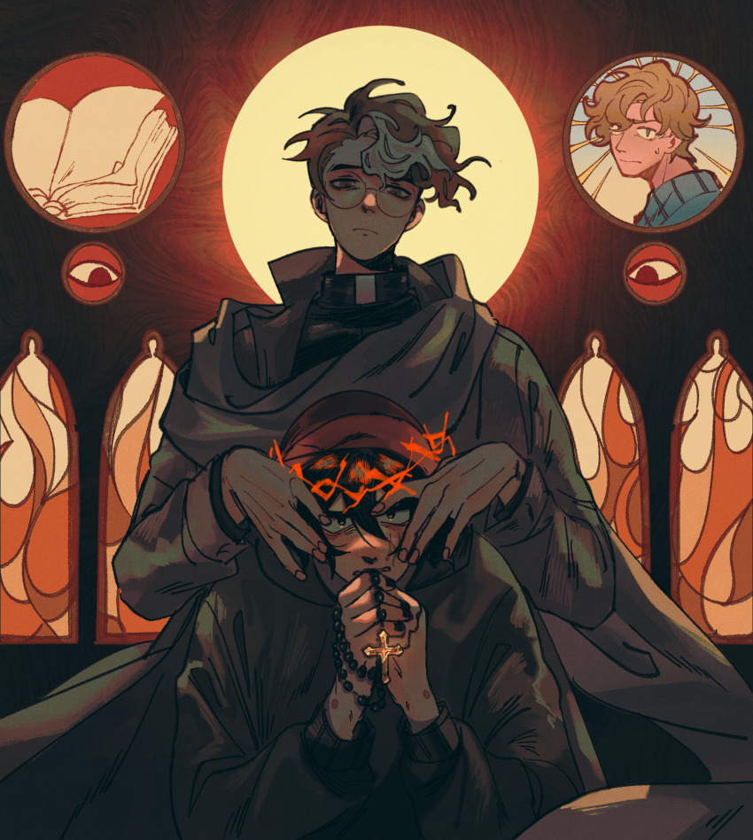 3boys, abstract_background, black_eyes, black_hair, black_hoodie, blonde_hair, blue_eyes, blue_sweater