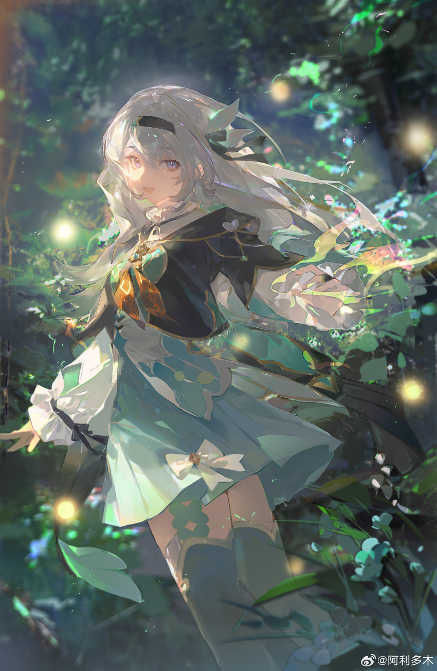 1girl, absurdres, ali_duo_mu, aqua_dress, black_hairband, black_ribbon, black_thighhighs, blurry, blurry_background, blurry_foreground, bow, bug, bush, dress, firefly, firefly_(honkai:_star_rail), floating_hair, flower, forest, grey_hair, hair_between_eyes, hair_intakes, hair_ornament, hair_ribbon, hairband, happy, highres, honkai:_star_rail, honkai_(series), insect, light, long_hair, long_sleeves, looking_at_viewer, nature, neckerchief, night, open_mouth, orange_neckerchief, outdoors, purple_eyes, ribbon, solo, thighhighs, watermark, weibo_watermark, white_bow, white_flower