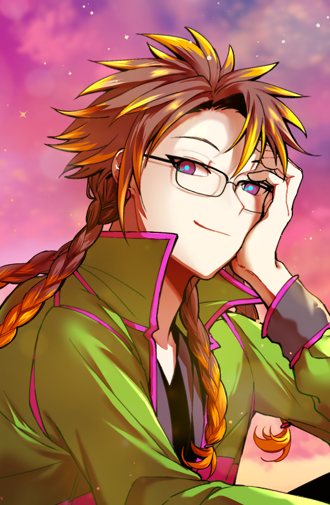 1boy, b1ue_e4rth, black_jacket, blonde_hair, blue_pupils, brown_hair, closed_mouth, colored_tips