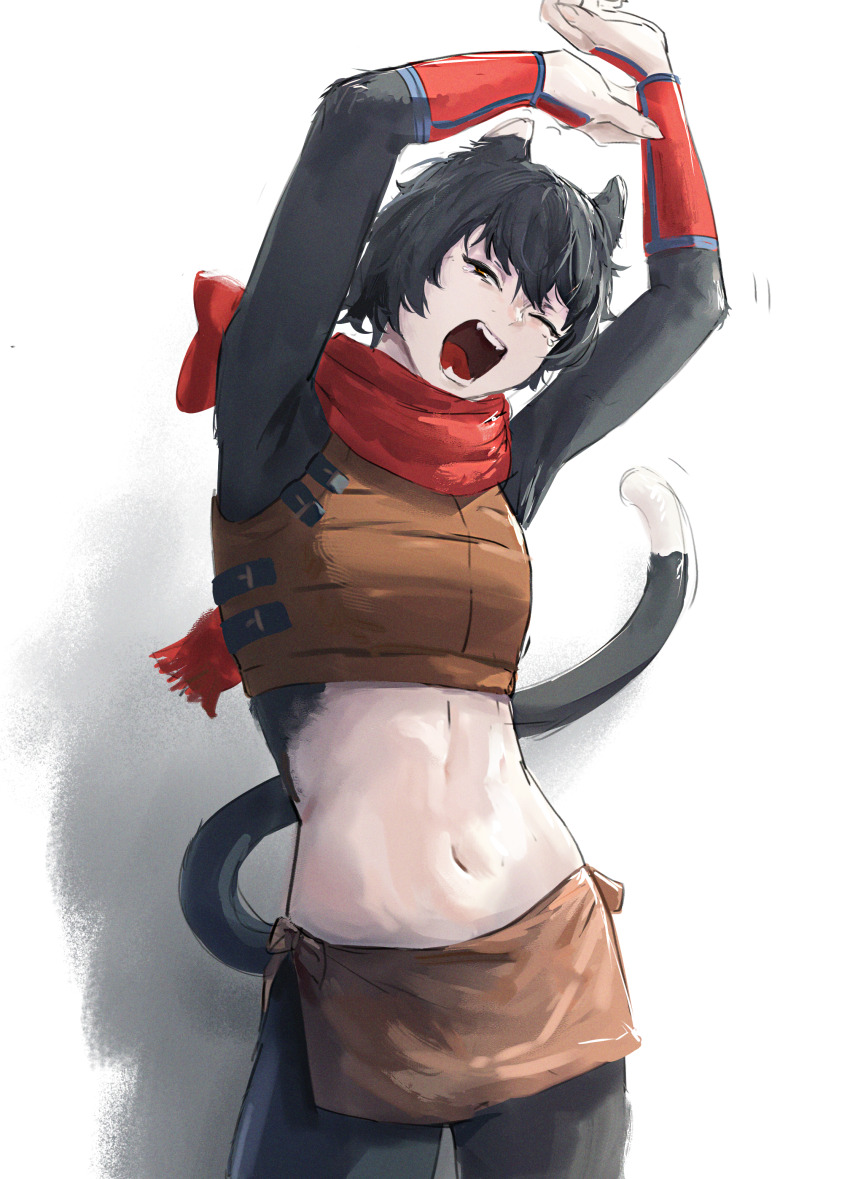 1girl, absurdres, animal_ears, armor, arms_up, black_fur, black_hair, body_fur