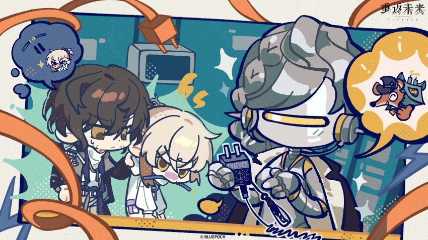 1boy, 1girl, 1other, absurdres, black_coat, black_hair, blue_background, cable