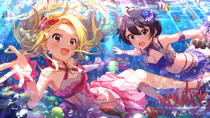 2girls, ahoge, alternate_hair_color, angelfish, bikini, black_hair, blonde_hair, blue_tang_fish