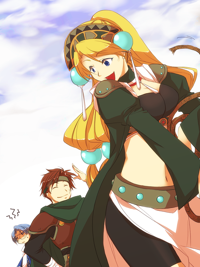 1girl, 2boys, atelier_(series), atelier_marie, blonde_hair, blue_eyes, blue_hair, breasts, brown_hair, cleavage, closed_eyes, glasses, gust, hair_bobbles, hair_ornament, headband, headdress, jitome, kreis_kuhl, long_hair, looking_back, marlone, midriff, mogiko, multiple_boys, open_mouth, rope, ruven_filnir, smile, sphere_hair_ornament, sweat, tecmo