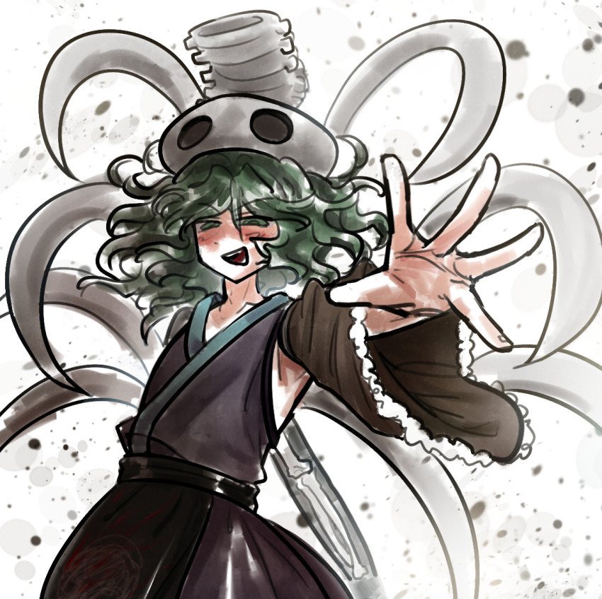 1other, androgynous, belt, black_belt, bone_hair_ornament, brown_sleeves, chiosu, commentary_request, detached_sleeves, ex-sese, green_eyes, green_hair, hair_ornament, japanese_clothes, kimono, kitsugai_sese, len'en, open_mouth, other_focus, purple_kimono, skeletal_wings, squinting, standing, third-party_source, white_background, wings