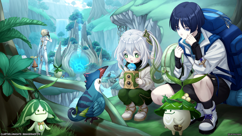 1boy, 2girls, :d, alternate_costume, aranara_(genshin_impact), artist_name, bag, bird