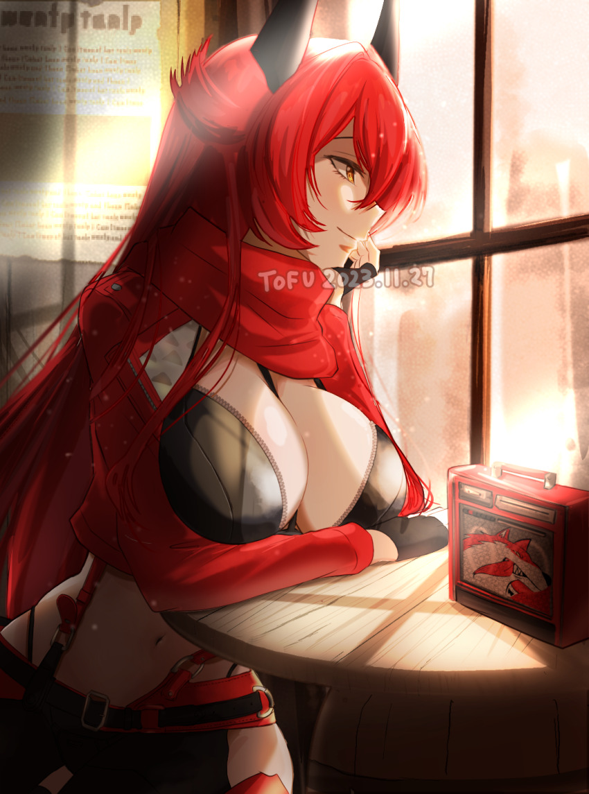 1girl, artist_name, belt, between_breasts, black_belt, black_gloves, black_jacket, black_pants, breasts, cleavage, closed_mouth, clothing_cutout, commentary, cowboy_shot, cropped_jacket, dated, fingerless_gloves, gloves, goddess_of_victory:_nikke, hair_between_eyes, hair_flaps, highres, hip_vent, horns, indoors, jacket, large_breasts, leather, leather_jacket, leather_pants, long_hair, long_sleeves, looking_outside, making-of_available, mechanical_horns, navel, open_clothes, open_jacket, pants, radio, red_hair, red_hood_(nikke), red_jacket, red_scarf, scarf, sidelocks, silken_tofu, sitting, smile, solo, stomach, strap_between_breasts, suspenders, table, unzipped, watermark, window, window_shadow, yellow_eyes, zipper