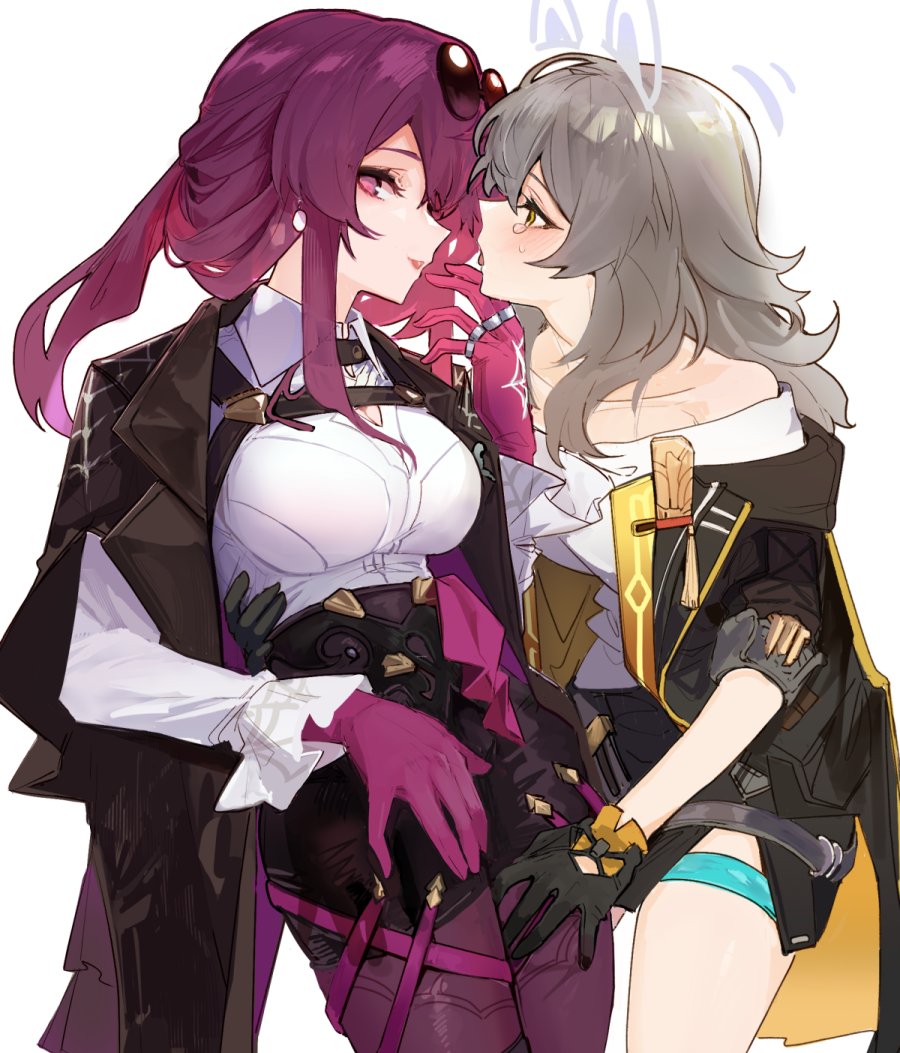 2girls, bare_shoulders, black_coat, black_gloves, black_jacket, black_shorts, blush, breasts