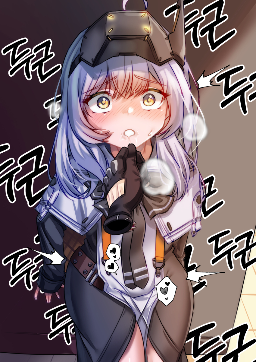 1girl, absurdres, against_wall, ahoge, blush, breasts, commentary_request, drooling