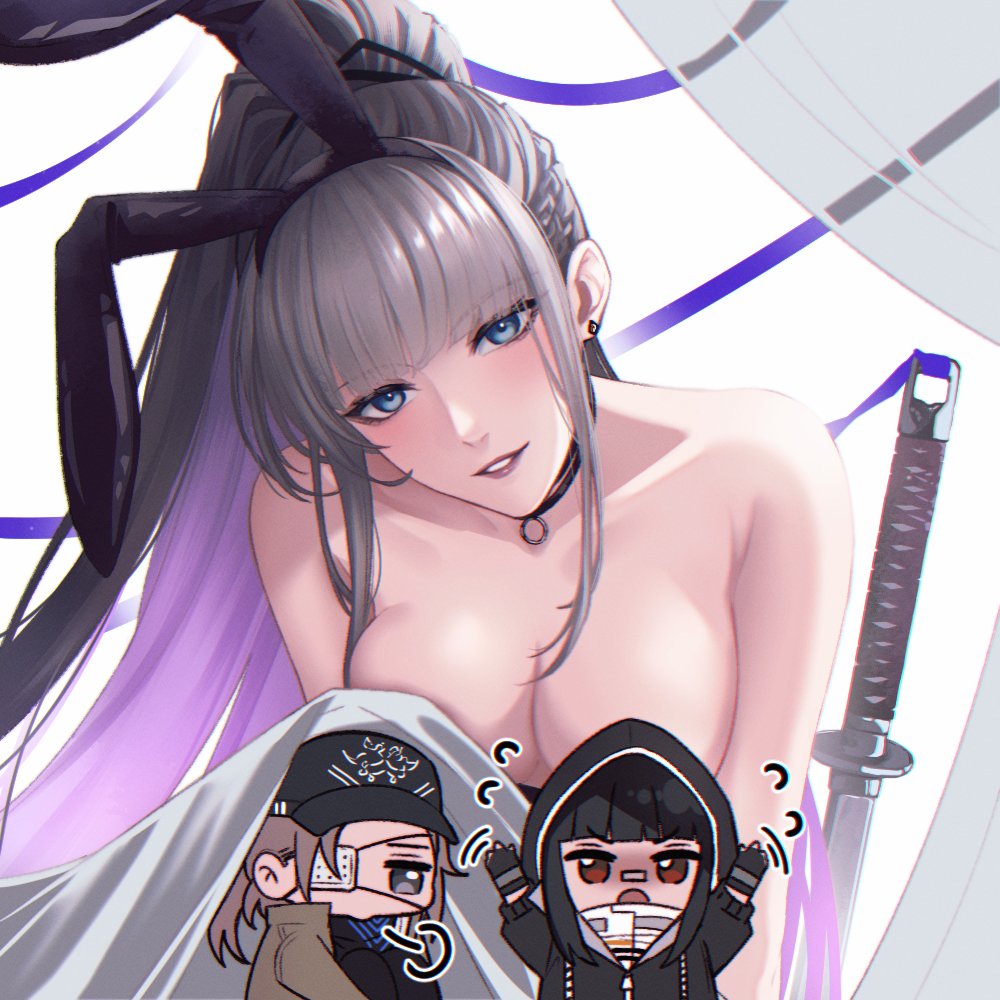 1boy, 2girls, angon623, animal_ears, bai_yi_(path_to_nowhere), blue_eyes, censored, che_(path_to_nowhere), chibi, choker, grey_hair, high_ponytail, k.k._(path_to_nowhere), katana, long_hair, multicolored_hair, multiple_girls, no_bra, novelty_censor, path_to_nowhere, ponytail, rabbit_ears, smile, solo_focus, sword, topless_female, tsuba_(guard), tsuka_(handle), very_long_hair, weapon